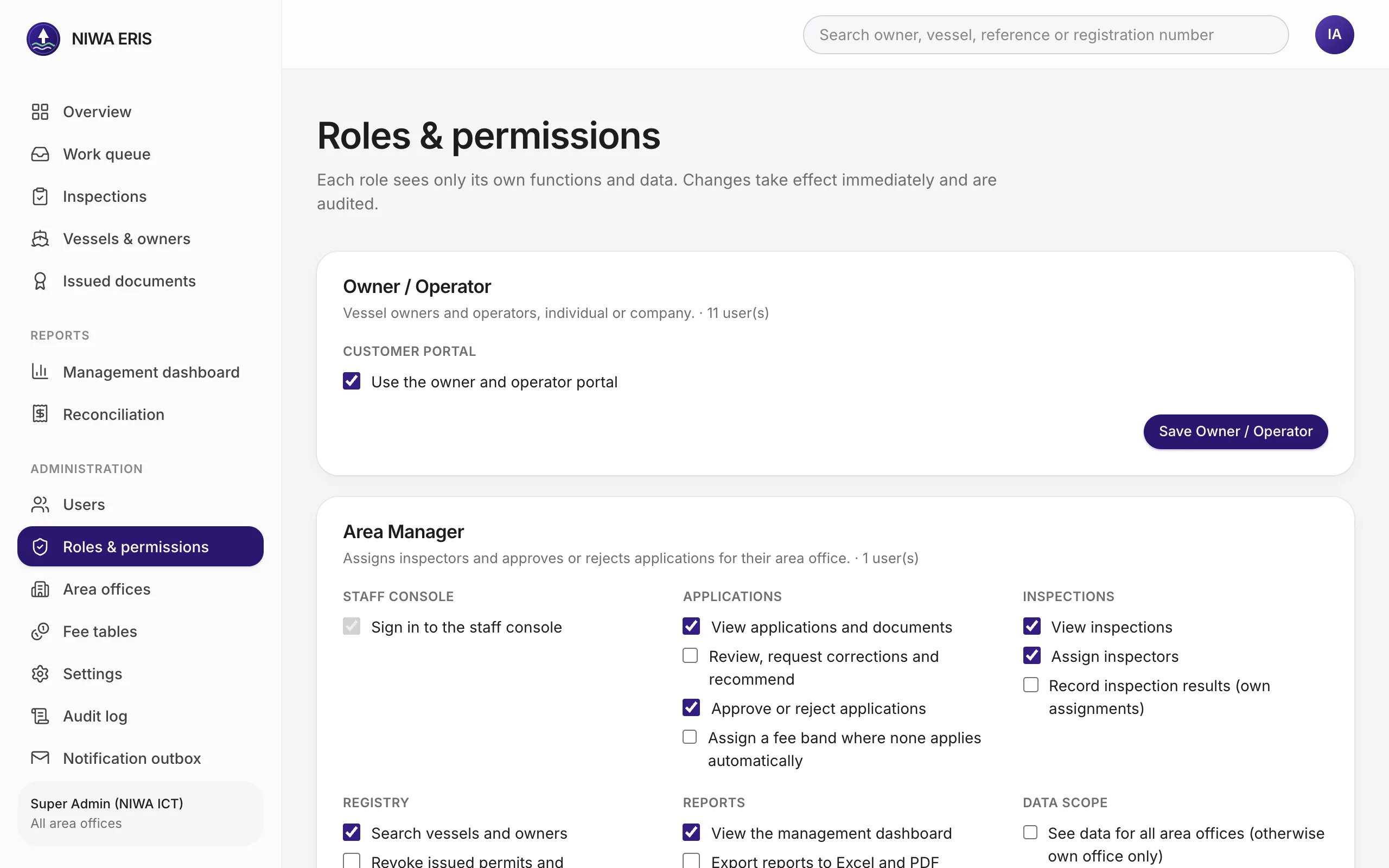 <b>Roles &amp; permissions.</b> Tick what each role can do, including whether it sees all offices. Changes apply immediately and are audited.