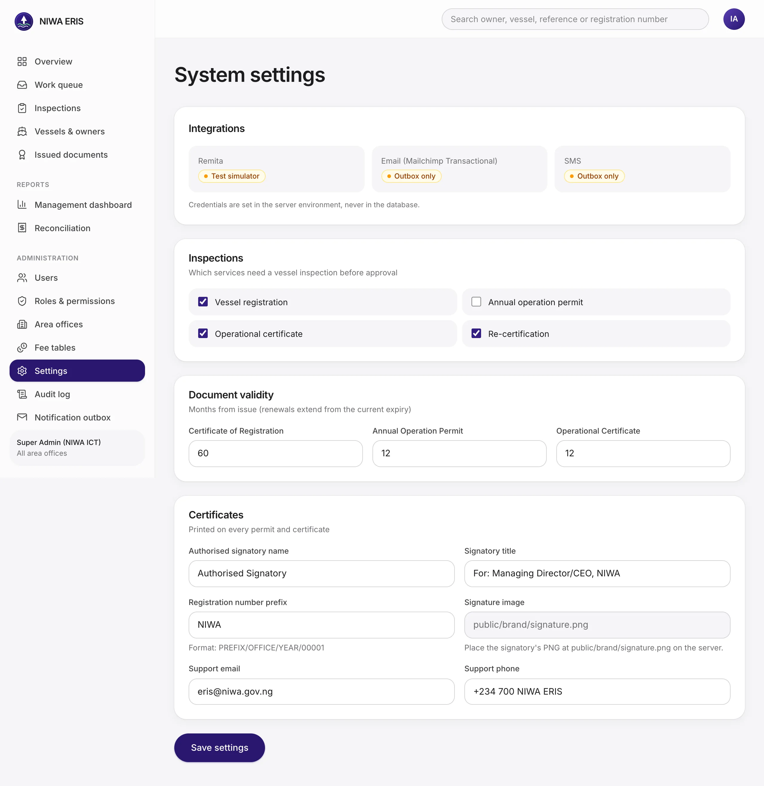 <b>Settings.</b> Integration status (Remita, email, SMS), which services need inspection, document validity, signatory and registration number prefix.
